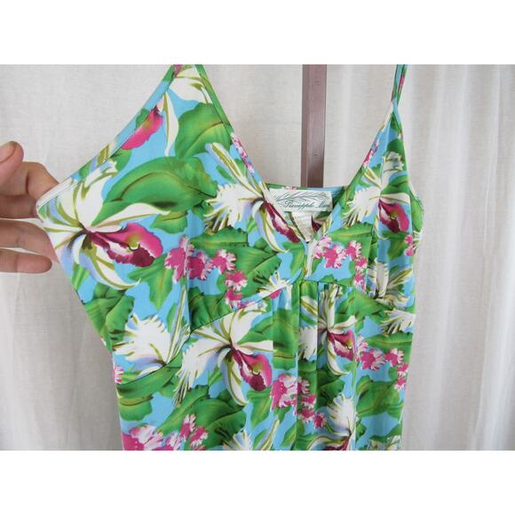 Pineapple Moon Medium Green Blue Hawaiian Tank Maxi Dress Floral Palm Leaves - Picture 4 of 7